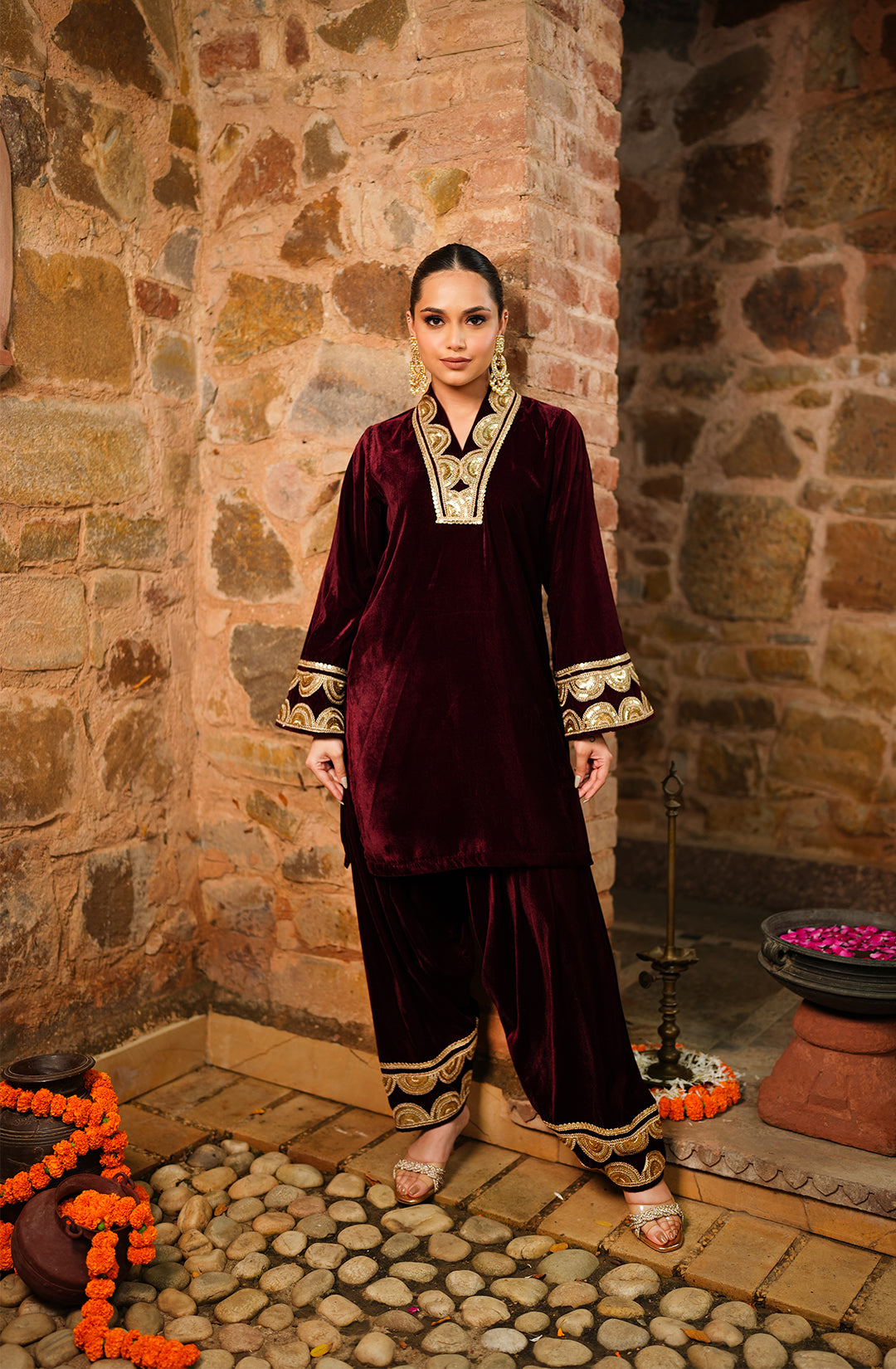Patiala Velvet Set - Maroon