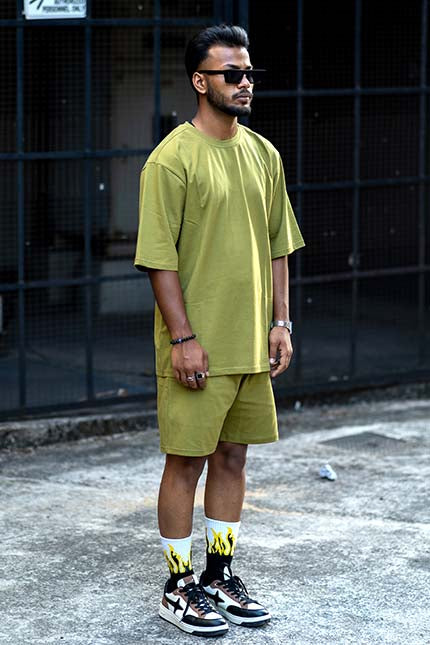 Thunder Olive Green 3 Piece Oversized Short Set